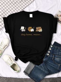 Kawaii Three Mini Cat Animal Stay Home Meow Print Women Tshirts Oversize Tops o-Neck Tee Shirt Casual Style Female Tee Shirts