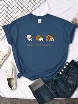 Kawaii Three Mini Cat Animal Stay Home Meow Print Women Tshirts Oversize Tops o-Neck Tee Shirt Casual Style Female Tee Shirts