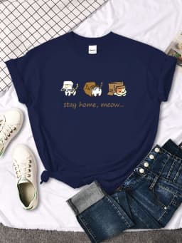 Kawaii Three Mini Cat Animal Stay Home Meow Print Women Tshirts Oversize Tops o-Neck Tee Shirt Casual Style Female Tee Shirts