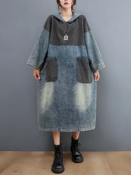 Amax luluE Autumn Womens Loose Vintage Hooded Design Denim Dresses European Style Casual Patchwork Long Vestidos Pockets Dress