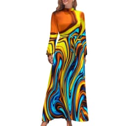 Color Retro 60s Dress High Waist Flower Power Squares Print Boho Beach Dresses Long Sleeve Aesthetic Maxi Dress Elegant Vestidos