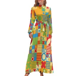 Color Retro 60s Dress High Waist Flower Power Squares Print Boho Beach Dresses Long Sleeve Aesthetic Maxi Dress Elegant Vestidos