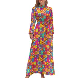 Color Retro 60s Dress High Waist Flower Power Squares Print Boho Beach Dresses Long Sleeve Aesthetic Maxi Dress Elegant Vestidos