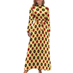 Color Retro 60s Dress High Waist Flower Power Squares Print Boho Beach Dresses Long Sleeve Aesthetic Maxi Dress Elegant Vestidos
