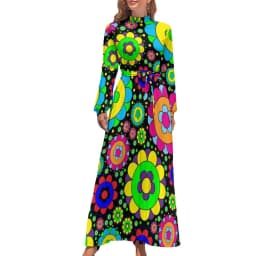 Color Retro 60s Dress High Waist Flower Power Squares Print Boho Beach Dresses Long Sleeve Aesthetic Maxi Dress Elegant Vestidos