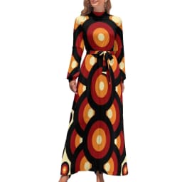 Color Retro 60s Dress High Waist Flower Power Squares Print Boho Beach Dresses Long Sleeve Aesthetic Maxi Dress Elegant Vestidos