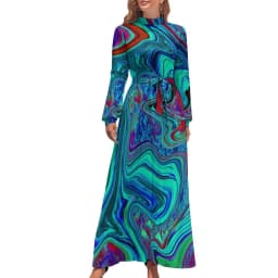 Color Retro 60s Dress High Waist Flower Power Squares Print Boho Beach Dresses Long Sleeve Aesthetic Maxi Dress Elegant Vestidos