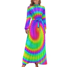 Color Retro 60s Dress High Waist Flower Power Squares Print Boho Beach Dresses Long Sleeve Aesthetic Maxi Dress Elegant Vestidos