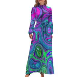 Color Retro 60s Dress High Waist Flower Power Squares Print Boho Beach Dresses Long Sleeve Aesthetic Maxi Dress Elegant Vestidos