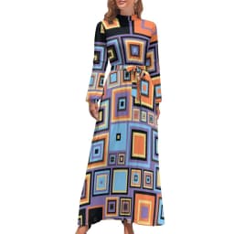 Color Retro 60s Dress High Waist Flower Power Squares Print Boho Beach Dresses Long Sleeve Aesthetic Maxi Dress Elegant Vestidos