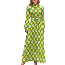 Color Retro 60s Dress High Waist Flower Power Squares Print Boho Beach Dresses Long Sleeve Aesthetic Maxi Dress Elegant Vestidos