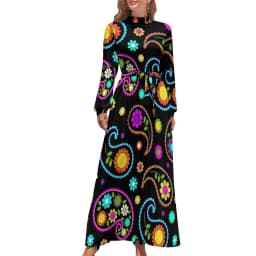 Color Retro 60s Dress High Waist Flower Power Squares Print Boho Beach Dresses Long Sleeve Aesthetic Maxi Dress Elegant Vestidos