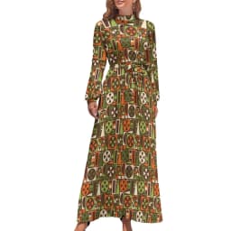 Color Retro 60s Dress High Waist Flower Power Squares Print Boho Beach Dresses Long Sleeve Aesthetic Maxi Dress Elegant Vestidos
