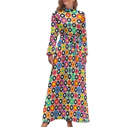 Color Retro 60s Dress High Waist Flower Power Squares Print Boho Beach Dresses Long Sleeve Aesthetic Maxi Dress Elegant Vestidos