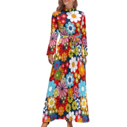 Color Retro 60s Dress High Waist Flower Power Squares Print Boho Beach Dresses Long Sleeve Aesthetic Maxi Dress Elegant Vestidos