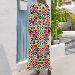 Color Retro 60s Dress High Waist Flower Power Squares Print Boho Beach Dresses Long Sleeve Aesthetic Maxi Dress Elegant Vestidos