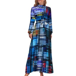 Color Retro 60s Dress High Waist Flower Power Squares Print Boho Beach Dresses Long Sleeve Aesthetic Maxi Dress Elegant Vestidos