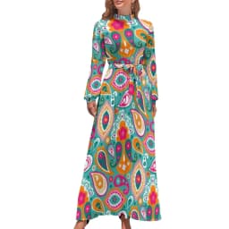 Color Retro 60s Dress High Waist Flower Power Squares Print Boho Beach Dresses Long Sleeve Aesthetic Maxi Dress Elegant Vestidos