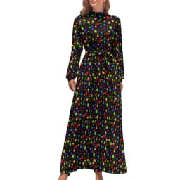 Color Retro 60s Dress High Waist Flower Power Squares Print Boho Beach Dresses Long Sleeve Aesthetic Maxi Dress Elegant Vestidos