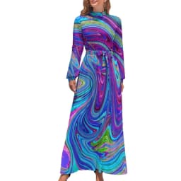 Color Retro 60s Dress High Waist Flower Power Squares Print Boho Beach Dresses Long Sleeve Aesthetic Maxi Dress Elegant Vestidos