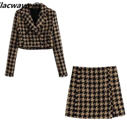 Klacwaya Tweed Set woman Two-Pieces Chic Plaid Suits With Skirt Women Autumn 2021 High-Waisted Skirt Cropped Blazer Sets