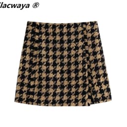 Klacwaya Tweed Set woman Two-Pieces Chic Plaid Suits With Skirt Women Autumn 2021 High-Waisted Skirt Cropped Blazer Sets