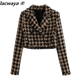 Klacwaya Tweed Set woman Two-Pieces Chic Plaid Suits With Skirt Women Autumn 2021 High-Waisted Skirt Cropped Blazer Sets