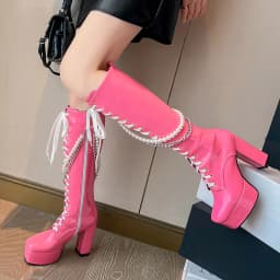 Shiny Patent Leather Super Platform Chunky Heel Metal Chain Pearl String Motorcycle Boots Cross Lace Up Side Zip Punk Knee Boots