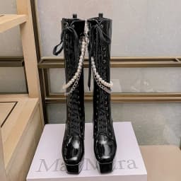 Shiny Patent Leather Super Platform Chunky Heel Metal Chain Pearl String Motorcycle Boots Cross Lace Up Side Zip Punk Knee Boots