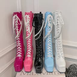 Shiny Patent Leather Super Platform Chunky Heel Metal Chain Pearl String Motorcycle Boots Cross Lace Up Side Zip Punk Knee Boots