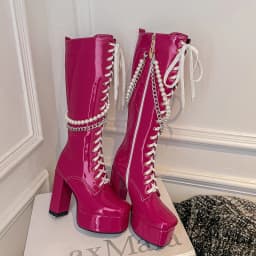 Shiny Patent Leather Super Platform Chunky Heel Metal Chain Pearl String Motorcycle Boots Cross Lace Up Side Zip Punk Knee Boots