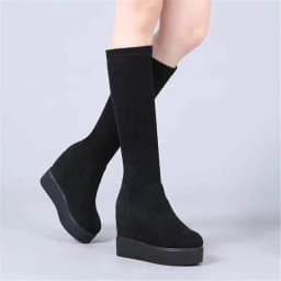 Autumn Winter Warm Wedges Knee High Boots Inner Increase Women's Round Toe Elastic Boots Long Tube Muffin Bottom Female Shoes
