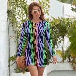 Rainbow Tiger Print Dress Long Sleeve Animal Pride Street Wear Dresses Modern Bodycon Dress Women Pattern Oversize Vestidos