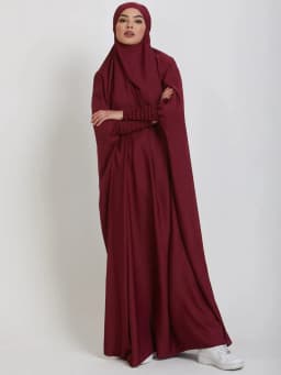 Muslim Women One Piece Prayer Abaya Dress-Velvety Satin, Smocking Sleeves. Dubai Eid Ramadan Islamic Clothing Hijabi Jilbab