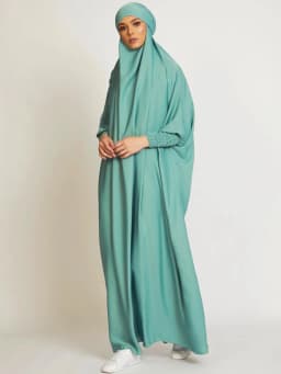 Muslim Women One Piece Prayer Abaya Dress-Velvety Satin, Smocking Sleeves. Dubai Eid Ramadan Islamic Clothing Hijabi Jilbab