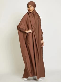 Muslim Women One Piece Prayer Abaya Dress-Velvety Satin, Smocking Sleeves. Dubai Eid Ramadan Islamic Clothing Hijabi Jilbab