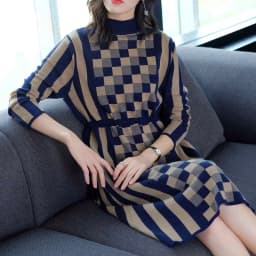 Runway Autumn Spring French Women's Plaid Knitted High Waist Elegant Sweater Dress Luxury Casual Slim Dresses Vestido
