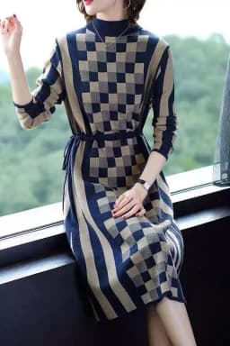 Runway Autumn Spring French Women's Plaid Knitted High Waist Elegant Sweater Dress Luxury Casual Slim Dresses Vestido