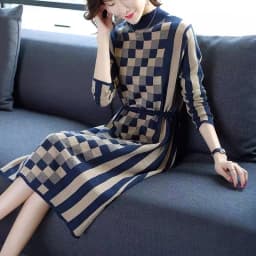 Runway Autumn Spring French Women's Plaid Knitted High Waist Elegant Sweater Dress Luxury Casual Slim Dresses Vestido