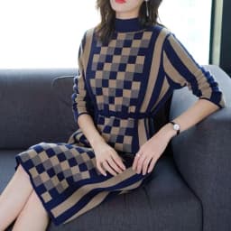 Runway Autumn Spring French Women's Plaid Knitted High Waist Elegant Sweater Dress Luxury Casual Slim Dresses Vestido