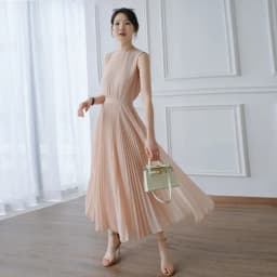 High Quality Women's Summer French Retro Gentle Pleated Sleeveless Long Skirt All-match Pink Chiffon Party Dress Office Wear New