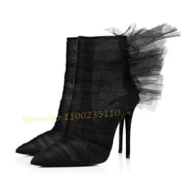 Mesh Trim Elegant Ankle Boots Female Butterfly 2022 Newest High Stiletto Heels Nubuck Shoes Flower Patchwork Party Designe Women