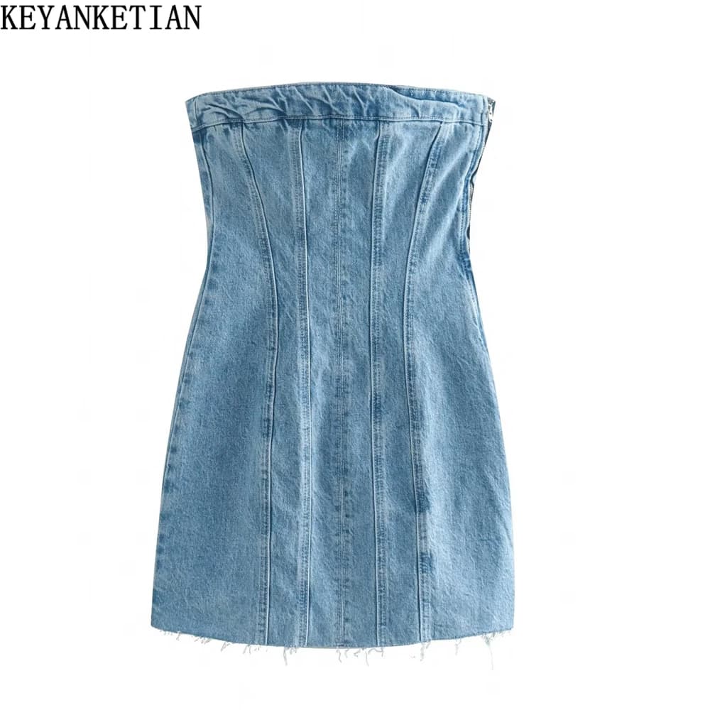 KEYANKETIAN Women's One-Line Neck Tube Top Denim Dress Summer New Fashion Chic Tight Light Blue Ladies Package Hip Mini Skirt