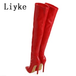 Liyke Sexy Red Snake Print Leather Over The Knee Boots Women Stiletto Heels Pumps Fashion Pointed Toe Zip Thigh High Shoes Lady