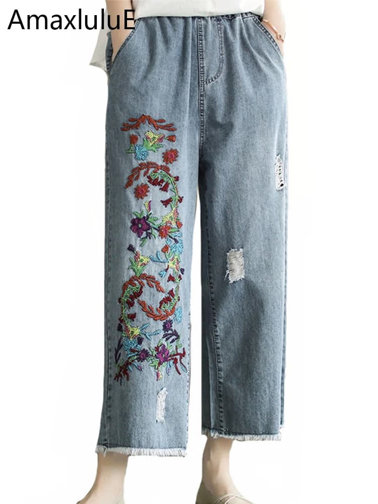 Amax luluE 2025 Womens Luxury Spring Loose Embroidery Wide Trousers Holes Leisure Jeans Females Classic Vintage Punk Denim Pants