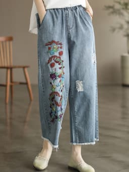 Amax luluE 2025 Womens Luxury Spring Loose Embroidery Wide Trousers Holes Leisure Jeans Females Classic Vintage Punk Denim Pants
