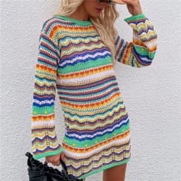 Woman Elegant Hollow Out Knitted Mini Dress 2026 Chic Colorful Patchwork Knit Dresses Ladies Bohemia Beach Dress