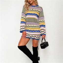 Woman Elegant Hollow Out Knitted Mini Dress 2026 Chic Colorful Patchwork Knit Dresses Ladies Bohemia Beach Dress