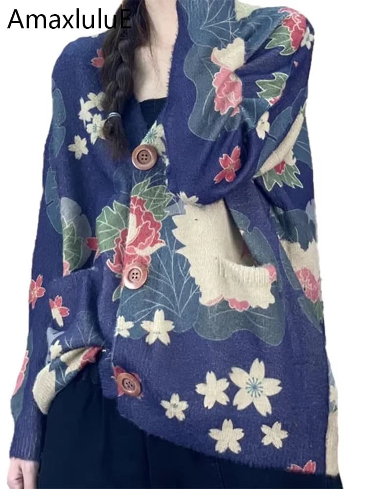 Amax luluE 2024 Winter Women Vintage Print Design Cardigans European Style Ladies Loose Casual Elegant Sweaters V-Neck Clothes