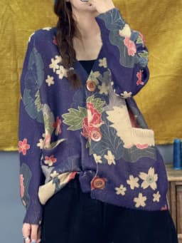 Amax luluE 2024 Winter Women Vintage Print Design Cardigans European Style Ladies Loose Casual Elegant Sweaters V-Neck Clothes